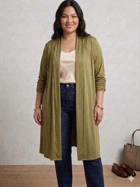 Soft Focus Olive Green Open Front Duster Cardigan Womens 3X Stretch